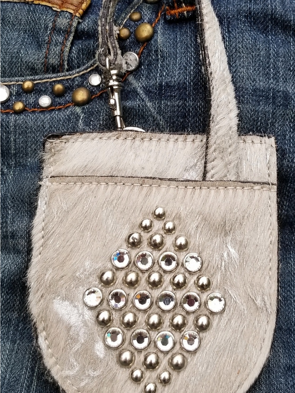 Beige Haircalf Mini Tote with Crystal Stud Accent